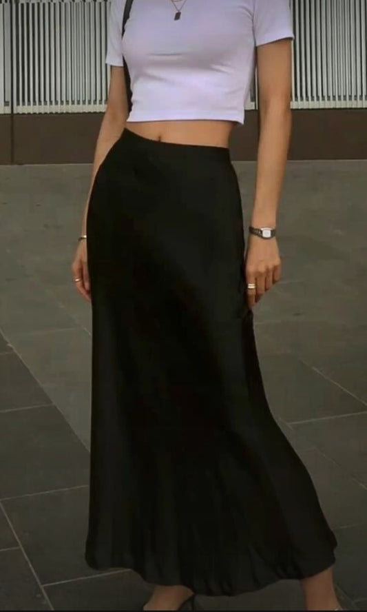 Mid Length Satin Skirt Black