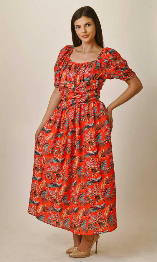 Printed Puff Sleeves Maxi Dress