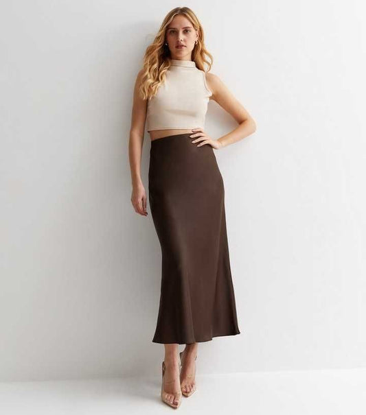 Mid Length Satin Skirt Brown